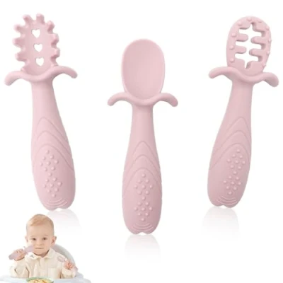Imagen de Yistoi 3 Piezas Cuchara Bebe Aprendizaje, Precucharas Bebe, Silicona Bebé, Cómoda de Sostener en Las Pequeñas Manos Del Apta para La Alimentación y El Aprendizaje Bebé