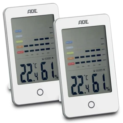 Imagen de ADE Higrómetro digital con alarma visual de moho Medidor humedad pantalla LCD grande Termometo Historial 12 horas pilas 2 piezas blanco