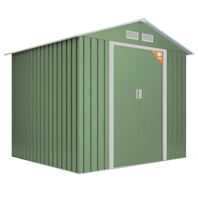 Imagen de Wasabi Caseta Jardín Exterior 5,27 m2 Light Green 261x202x202cm Doble Puerta Corredera 4 Rejillas Anticondensación Verde y Beige Techo a Dos Aguas Cobertizo Metálico Almacenaje