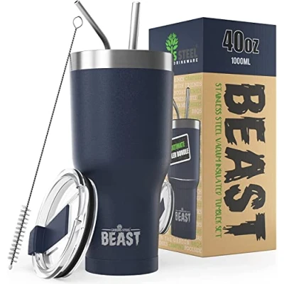 Imagen de Greens Steel BEAST Termo Café para Llevar 1050ml I Azul Marino Taza Térmica de Acero Inoxidable Reusable Viajera Doble Pared al Vacío 2 Pajitas y Cepillo Limpieza