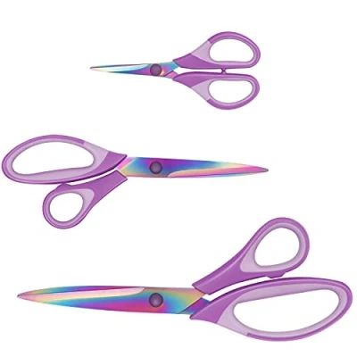 Imagen de Juego de 3 tijeras multiusos titanio con mango suave, para la familia, oficina y escuela, color morado