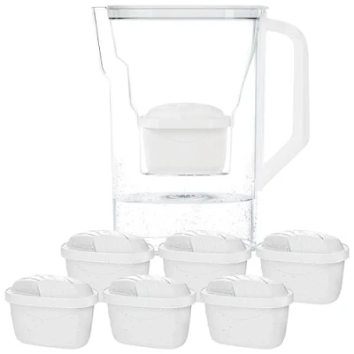 Imagen de Wessper Jarra Filtradora Agua con Filtros, para Puerta de Frigorífico 2,7 Litros, Filtro Carbón Activo y Resina Intercambio Iónico, Juego 6 Cartuchos Blanco