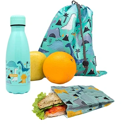Imagen de NERTHUS FIH 1036 SET Botella Doble Pared Acero Inox + Bolsa Sandwich Mochila Dinosaurios