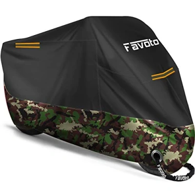 Imagen de Favoto Funda para Moto Cubierta de 210D Impermeable Protectora con Banda Reflectante a Prueba Sol Lluvia Polvo Viento Nieve Excremento Pájaro al Aire Libre, 265x105x125cm Negro+Camuflaje