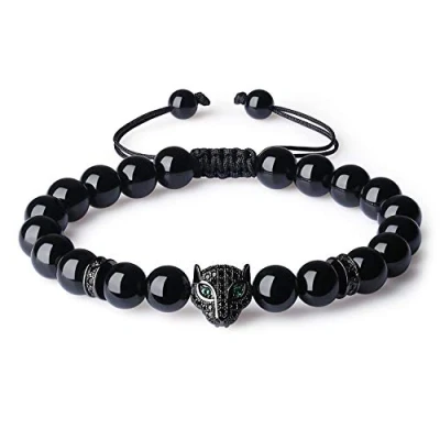 Imagen de COAI Pulsera Ajustable con Cuentas de Turmalina Negra Piedra Natural y Amuleto Leopardo para Hombre Mujer
