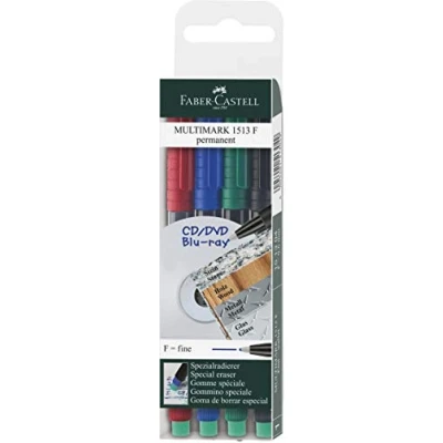 Imagen de Faber Castell 1513 04 Marcador permanente MULTIMARK, dureza: F, estuche de 4, contenido: 1x cada uno rojo, azul, verde, negro