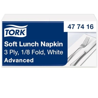 Imagen de Servilleta Tork Soft Lunch blanca, pliegue 1/8, 3 capas, 33 cm x cm, 150 servilletas, 477416