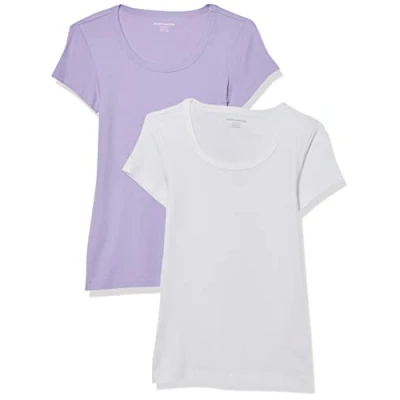 Imagen de Amazon Essentials Camiseta Entallada con Cuello Redondo y Mangas Casquillo Mujer, Pack de 2, Blanco/Lavanda, XXL
