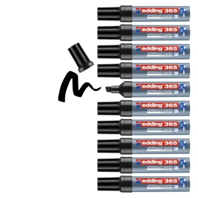 Imagen de edding 365 marcador para pizarras blancas negro 10 rotuladores punta biselade 2 7 mm pizarra blanca, vidrio, tablón de notas, flipchart se puede borrar en seco y sin residuos, no seca