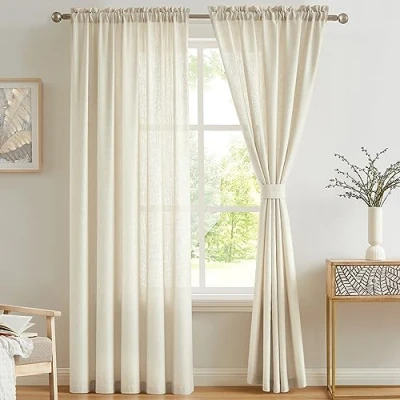 Imagen de Melodieux Cortinas Visillos Beige para Dormitorio Translúcidas Salón 2 Piezas, 140x183cm