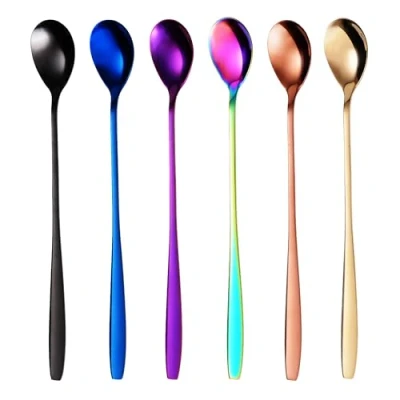 Imagen de GRÄWE cuchara de mango largo, 6 piezas, colorido, agitador café, café acero inoxidable, cóctel, té helado, hielo, agitadora cóctel