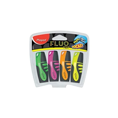 Imagen de Maped Material Escolar Subrayador Pocket Soft 4 Subrayadores Mini de Colores Amarillo, Naranja, Verde y Rosa Punta Biselada Trazo 1 a 5 mm Ideal para el Estuche