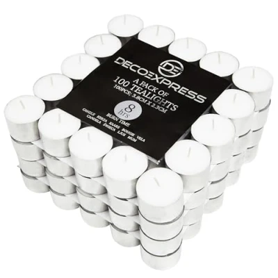 Imagen de Velas de Te sin Perfume, Pack 24, 50, 100, 200 Unidades, Larga Duracion 10, 8 o 4 horas, Velitas Pequeñas Diámetro 3,5 cm (Blanco 100/4 horas)