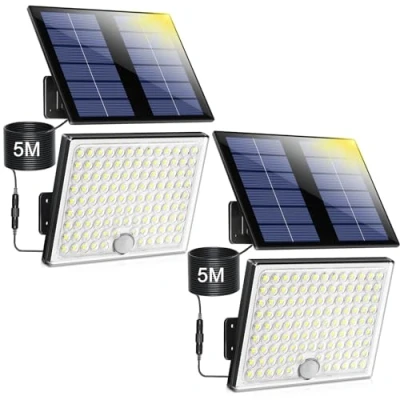 Imagen de Realky Lampara Solar Exterior con Sensor de Movimiento, Foco 113 LEDs 2000mAh 4 Modes, Luz Potente LED para Jardin Cable 5 m, 2 piezas