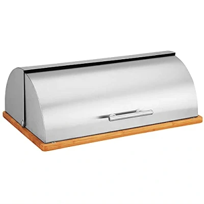 Imagen de Maestro MR 1672S Panera de Mesa para Guardar Pan, Tapa Deslizante, Contenedor Almacenamiento Pan y Bollería, Diseño Elegante, Acero Inoxidable, Madera, Bread Box