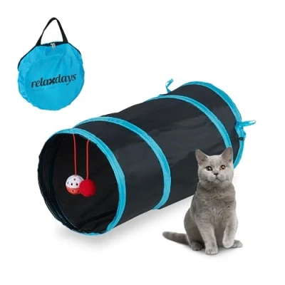 Imagen de Relaxdays Túnel para Gatos Plegable, 48 x 26 cm, Tubo Gatitos con Juguetes y Bolsa, Juego Interactivo, Negro, Poliéster