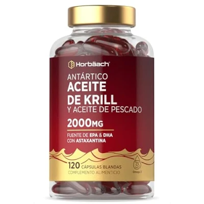 Imagen de Aceite de Krill del Antártico 2000mg Omega 3 con Astaxantina y Fosfolípidos Ácidos Grasos EPA DHA Fish Oil 120 Perlas Horbaach