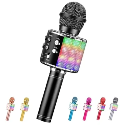 Imagen de ShinePick Microfono Inalámbrico Karaoke, Micrófono Karaoke Bluetooth Portátil con Altavoz y LED para Niños Canta Partido Musica, Compatible Android/iOS PC, AUX o Teléfono Inteligente (Negro)