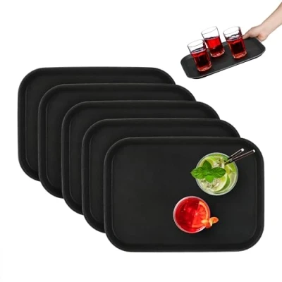Imagen de Relaxdays Pack de 5 Bandejas Camarero, Antideslizantes, Rectangular, Bar, Restaurante, Buffet, 35x25 cm, Plástico, Negro