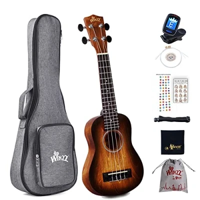 Imagen de Winzz Ukelele Soprano Principiante para Niños Adulto con 8 Accesorios, Diseño de Color Único 21 Pulgadas Marrón