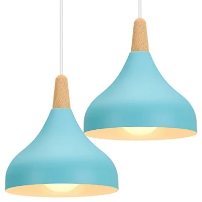 Imagen de iDEGU Lámpara de techo Retro LED Colgante moderna Estilo Gota E27 Iluminación Vintage en Madera Metal para Dormitorio Comedor Cocina, 20cm (Azul, 2 Piezas)