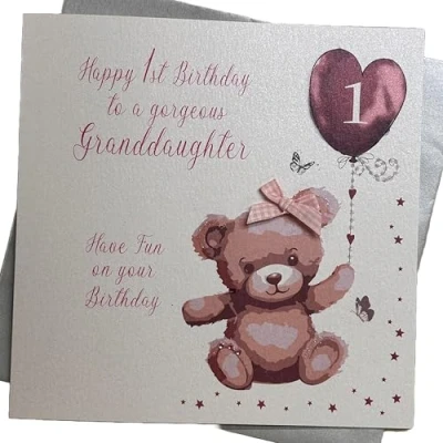 Imagen de White Cotton Cards tamaño Grande Conejo Rosa, Nieta 1 divertirse en tu cumpleaños Hecho a Mano 1st Tarjeta de