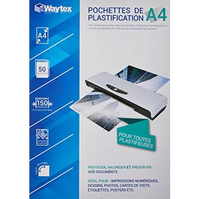 Imagen de Waytex Pack de 50 hojas plastificación (A4, 75 micras, acabado brillante, transparente)