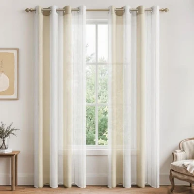 Imagen de MRTREES 2 Piezas Cortinas Visillos Translúcidos Rayas de Dormitorio Moderno 140x225cm con Ojales para Ventanas Habitación Niño Salon Cocina Comedor Baño Beige+Blanca