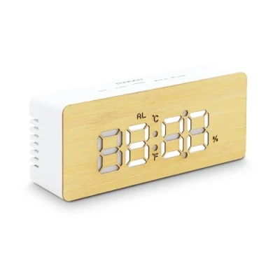 Imagen de MOOOV 477316 Reloj Despertador Digital, LED bambú con Pantalla de Temperatura, Grande, Despertador, función Snooze