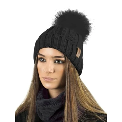 Imagen de TOSKATOK Gorro y Bufanda para Mujer de Invierno con Forro Polar cálido pompón Grande Piel sintética Disponible Solo o en Conjunto