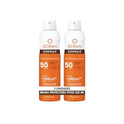 Imagen de Ecran Sunnique Bruma Protectora Solar FPS 50, Protección UVB + UVA e IR A, Refuerza las Defensas, Protege la Piel, Hidratación 24 h, Fórmula con VitEox 80, para Toda Familia Pack 2 x 250 ml