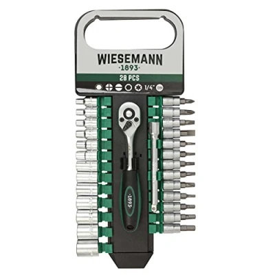 Imagen de WIESEMANN 1893 Juego de 28 Vasos 8 32 mm para llave carraca 1/4&quot; y soporte Acero al cromo vanadio Portapuntas 100 hexagonales con puntas I 80102