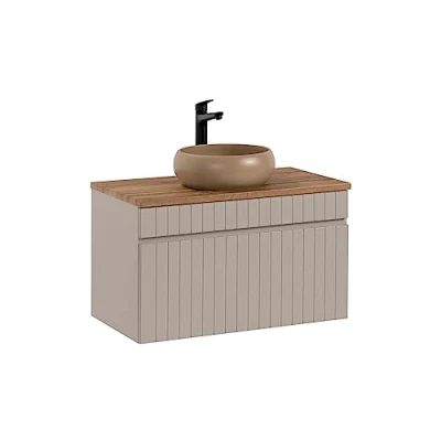 Imagen de Mueble de Lavabo 80 cm Iconic Cashmere, baño Colgante, con encimera, Puertas acanaladas, Color Cachemir (con encimera Roble)