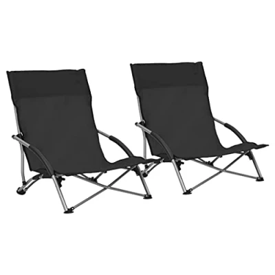 Imagen de vidaXL 2X Sillas de Playa Plegables Asiento Camping Piscina Jardín Patio Parque Verano Cazar Acampar Pescar Viajar Duradera Robusta Tela Negras