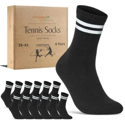 Imagen de sockenkauf24 Calcetines Deportivos Hombre Tenis Performance Crew Socks 6 Pares Acolchados Transpirables Estilo Retro 70107T (Negro Rayas 43 46)