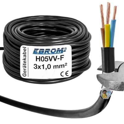 Imagen de Cable de plástico para manguera, redondo H05VV F 3 x 1,0 mm2 3G1 (mm2) Color: Negro 5m hasta 100 m a elegir