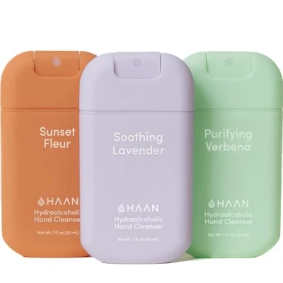 Imagen de HAAN Hydrating Hand Sanitizer Spray with Aloe Vera (3 Pack), Cleanses Your Hands 1 of Each Scent: Sunset Fleur + Purifying Verbena Soothing Lavender, 30ml