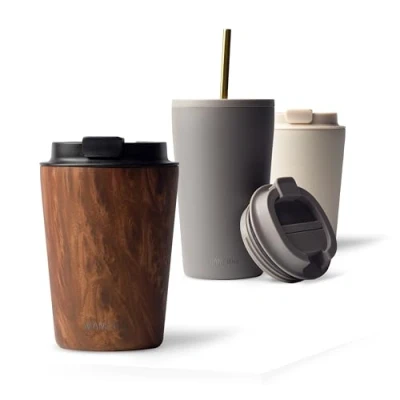 Imagen de MAMEIDO Termo Cafe 350ml Vaso Termico Antigoteo, Taza Termica acero inox sin BPA, para llevar (Oak Wood, 0,35l)