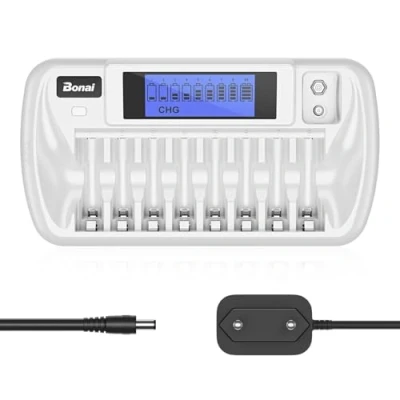 Imagen de BONAI LCD Cargador de Pilas para AA AAA Ni MH CD y 9V Recargables, Inteligente Pilas, 9 Slot Universal Función Descarga con AC Adaptador.
