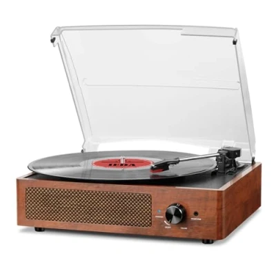 Imagen de Tocadiscos Bluetooth Portátil De 3 Velocidades (33 1/3, 45 78 RPM), Vintage con Altavoces Estéreo Integrados, Salida Jack RCA/3,5 Mm Naranja
