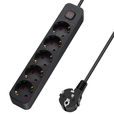 Imagen de Aigostar Regleta Enchufes, Alargador Enchufe de 5 Enchufes con Interruptor, Cable Metros, Negro
