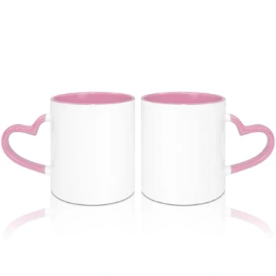Imagen de MR.R Tazas de café en blanco sublimación 325 ml, taza blanca con color rosa interior y mango corazón, juego 2