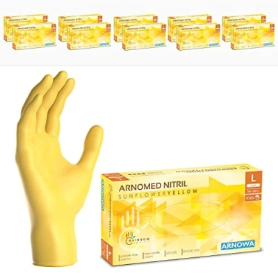 Imagen de ARNOMED guantes nitrilo talla L, amarillo, de nitrilo, 1000 unidades (10 cajas), desechables sin polvo, goma látex, en tallas XS, S, M y L