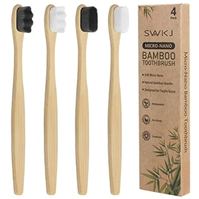 Imagen de 4 cepillos de dientes micro nano bambú suave, cepillo extrasuave con 20000 cerdas diseñado para encías sensibles, niños y adultos (cerdas blancas grises)