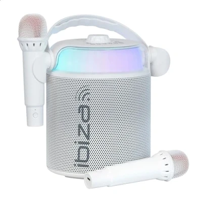 Imagen de Ibiza KARAHOME WH Altavoz Karaoke a Pilas con Dos micrófonos inalámbricos (a Pilas) Bluetooth, USB, MicroSD, AUX y Coax Blanco