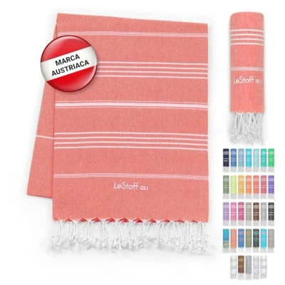 Imagen de LeStoff Fouta Premium 100% algodón orgánico Prelavado, sostenible, Absorbente y de Secado rápido Toalla Playa, baño, Ducha, Yoga, Sauna, Piscina Viaje (95 x 180 cm, Coral(Salmon))