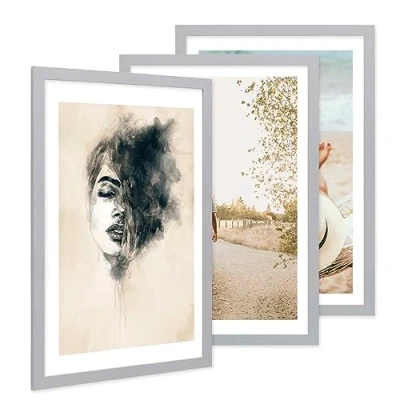 Imagen de PHOTOLINI Marco 40x60 cm plata madera MDF, set de 3 marcos anchos, moderno, cristal acrílico sólido, para colgar, accesorios adicionales una decoración elegante su pared