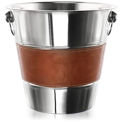 Imagen de COM FOUR® enfriador de champán con banda cuero imitación cubo enfriamiento para vino espumoso, y hielo noble ocasiones especiales (1 pieza plata/marrón)