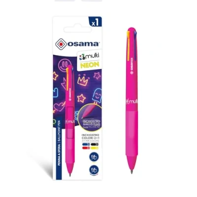 Imagen de OSAMA 4 Multi Neon Bolígrafo multicolor de bola 1,0 mm, bolígrafos colores, colores personalizados, tinta negra, azul, rojo y amarillo neón (mina 1,6 mm), papelería escolar universidad