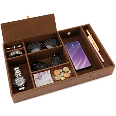 Imagen de Belle Vous Bandeja Llaves Recibidor Cuero Sintético Marrón Vacía Bolsillos Entrada, Recibidor, Mesa de Noche Escritorio 6 Compartimentos Billetera, Móvil, Joyas, Accesorios, Gemelos